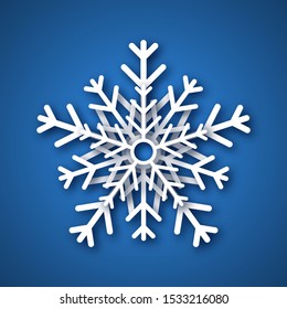 Paper cut snowflake. White snowflake on blue background. Christmas and New Year decoration elements. Vector illustration