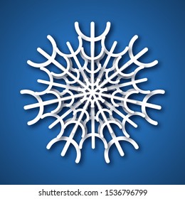 Paper cut snowflake. White snowflake on blue background. Christmas and New Year decoration elements. Vector illustration