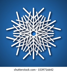 Paper cut snowflake. White snowflake on blue background. Christmas and New Year decoration elements. Vector illustration