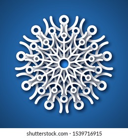 Paper cut snowflake. White snowflake on blue background. Christmas and New Year decoration elements. Vector illustration