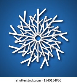 Paper cut snowflake. White snowflake on blue background. Christmas and New Year decoration elements. Vector illustration