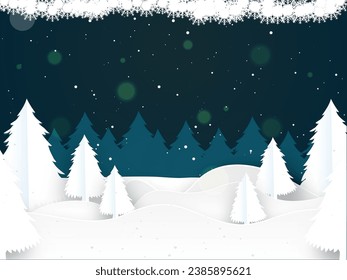 Paper cut Snowflake Winter Landscape with Christmas Tree Background in Green and White Color. Can Be Used as a Design Banner or Poster Design.