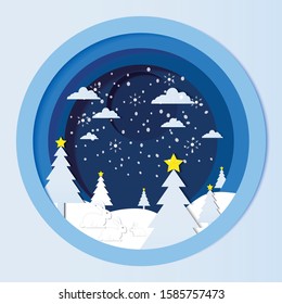 Paper cut snowflakes, fluffy clouds and rabbit in midnight. Modern 3D, greeting card, Christmas tree and snow flake. paper art and digital craft style, Winter snow abstract background. Vector