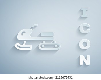 Paper cut Snowmobile icon isolated on grey background. Snowmobiling sign. Extreme sport. Paper art style. Vector