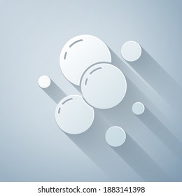 Paper cut Soap water bubbles icon isolated on grey background. Paper art style. Vector