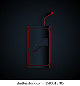 Paper cut Soda can with drinking straw icon isolated on black background. Paper art style. Vector Illustration