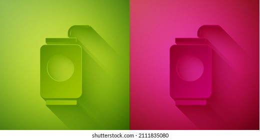 Paper cut Soda can with drinking straw icon isolated on green and pink background. Paper art style. Vector Illustration