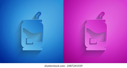 Paper cut Soda can icon isolated on blue and purple background. Paper art style. Vector