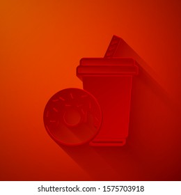 Paper cut Soda drink with drinking straw and donut icon isolated on red background. Fast food symbol. Paper art style. Vector Illustration