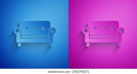 Paper cut Sofa icon isolated on blue and purple background. Paper art style. Vector
