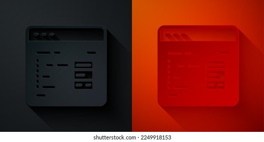 Paper cut Software, web developer programming code icon isolated on black and red background. Javascript computer script random parts of program code. Paper art style. Vector