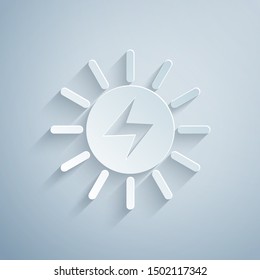 Paper cut Solar energy panel icon isolated on grey background. Paper art style. Vector Illustration