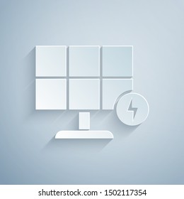 Paper cut Solar energy panel icon isolated on grey background. Paper art style. Vector Illustration
