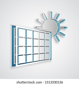 Paper cut Solar energy panel and sun icon isolated on grey background. Paper art style. Vector Illustration