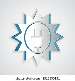 Paper cut Solar energy panel icon isolated on grey background. Sun and electric plug. Paper art style. Vector Illustration