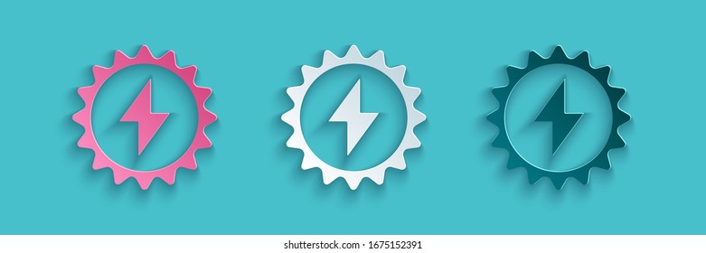 Paper cut Solar energy panel icon isolated on blue background. Sun with lightning symbol. Paper art style. Vector Illustration