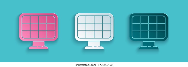 Paper cut Solar energy panel icon isolated on blue background. Paper art style. Vector Illustration