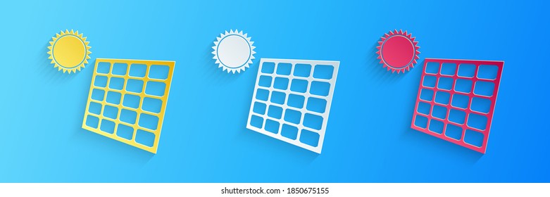 Paper cut Solar energy panel and sun icon isolated on blue background. Paper art style. Vector.