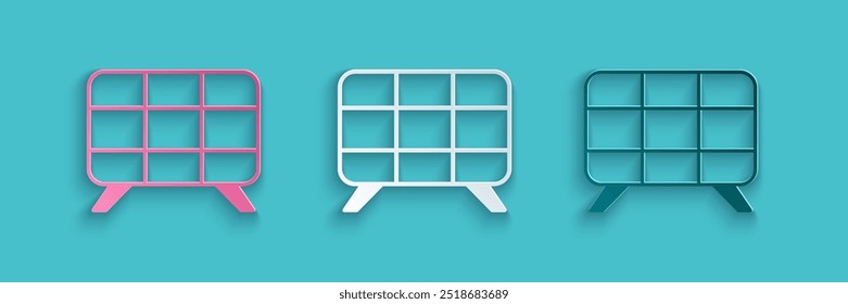 Icono de panel de energía solar aislado sobre fondo azul. Estilo de arte de papel. Vector