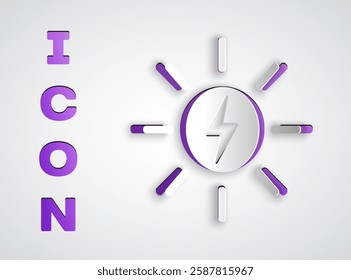 Paper cut Solar energy panel icon isolated on grey background. Sun with lightning symbol. Paper art style. Vector