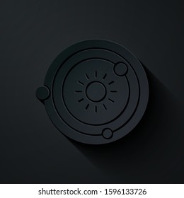 Paper cut Solar system icon isolated on black background. The planets revolve around the star. Paper art style. Vector Illustration