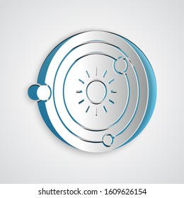 Paper cut Solar system icon isolated on grey background. The planets revolve around the star. Paper art style. Vector Illustration