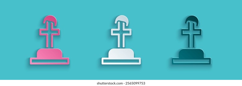 Paper cut Soldier grave icon isolated on blue background. Tomb of the unknown soldier. Paper art style. Vector