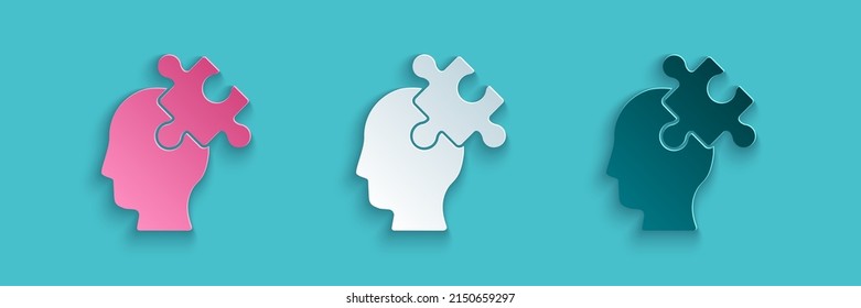 Paper cut Solution to the problem in psychology icon isolated on blue background. Puzzle. Therapy for mental health. Paper art style. Vector