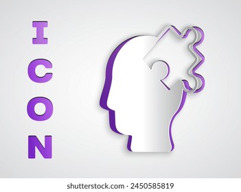 Solución al problema en el icono de psicología aislado sobre fondo gris. Puzzle. Terapia para la salud mental. Estilo de arte de papel. Vector