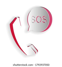 Paper cut SOS call icon isolated on white background. 911, emergency, help, warning, alarm. Paper art style. Vector