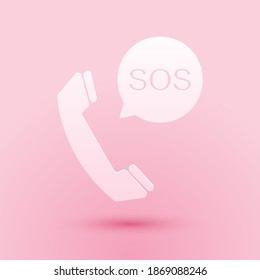 Icono de llamada SOS de corte de papel aislado en fondo rosado. 911, emergencia, ayuda, advertencia, alarma. Estilo de arte de papel. Vector.