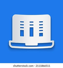 Paper cut Sound or audio recorder or editor software on laptop icon isolated on blue background. Paper art style. Vector