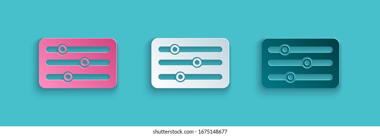 Icono del controlador del mezclador de sonido aislado en fondo azul. Botones deslizantes del equipo Dj. Combinando consola. Estilo de arte de papel.  Ilustración vectorial