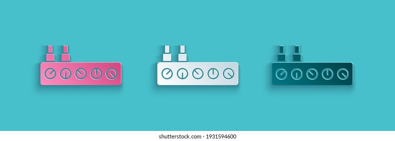 Paper cut Sound mixer controller icon isolated on blue background. Dj equipment slider buttons. Mixing console. Paper art style. Vector