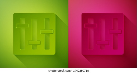 Paper cut Sound mixer controller icon isolated on green and pink background. Dj equipment slider buttons. Mixing console. Paper art style. Vector