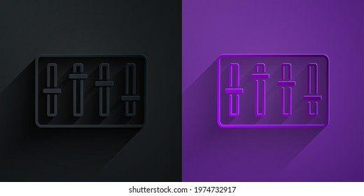 Paper cut Sound mixer controller icon isolated on black on purple background. Dj equipment slider buttons. Mixing console. Paper art style. Vector