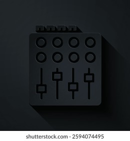 Paper cut Sound mixer controller icon isolated on black background. Dj equipment slider buttons. Mixing console. Paper art style. Vector