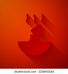 Paper cut Soup with octopus icon isolated on red background. Paper art style. Vector