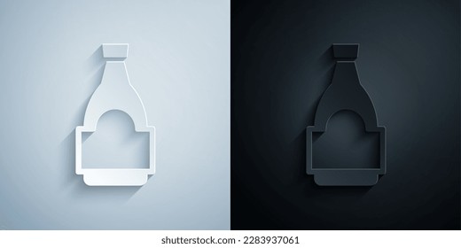 Paper cut Soy sauce bottle icon isolated on grey and black background. Paper art style. Vector