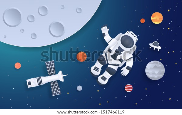 Paper cut space.\
Astronaut with planets stars and rocket design template, cartoon\
galaxy in paper style. Vector origami illustration background\
cosmonaut floating in\
galaxy