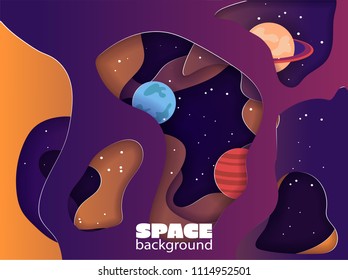 Paper cut space colorful background. planet and stars in paper art style.
