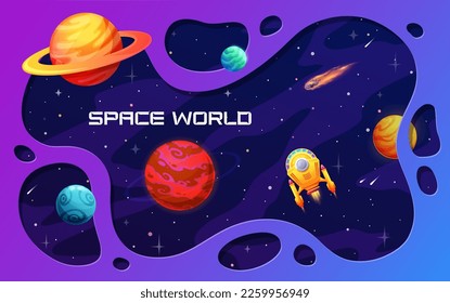 Paisaje del espacio de corte de papel. Motor de naves espaciales de dibujos animados en galaxia estrellada con planetas. Diseño vectorial 3d con nave espacial en Universo y marco de papel. Transbordador de viajes cósmicos futuristas en el mundo ajeno