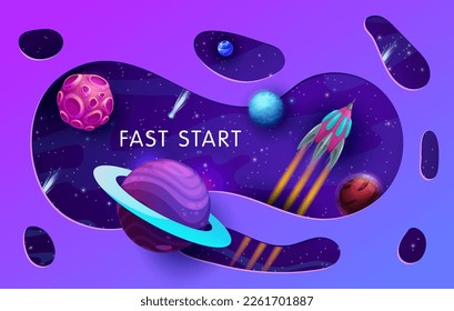 Paper cut space landscape. Cartoon rocket flying in starry galaxy with planets. Vector 3d double exposition papercut frame, spaceship in Universe. Shuttle travel in futuristic celestial cosmic world