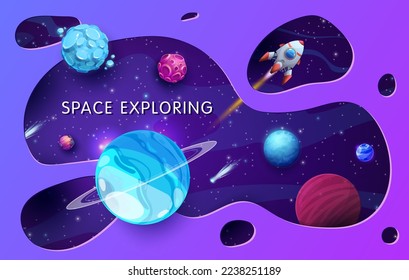 Paper cut space landscape. Starry galaxy planets and spaceship. Galaxy exploration, interstellar flight and space travel papercut backdrop or vector banner with fantastic planets, starship among stars