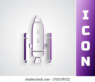 Paper cut Space shuttle and rockets icon isolated on grey background. Paper art style. Vector Illustration