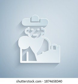 Paper cut Spain bullfight, matador icon isolated on grey background. Traditional Spanish entertainment. Paper art style. Vector.