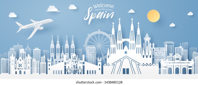 paper cut of spain landmark, travel and tourism concept, eps 10 vector.