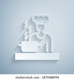 Paper cut Spanish cook icon isolated on grey background. Paper art style. Vector.