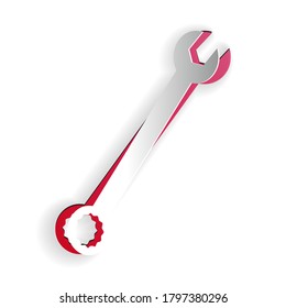 Paper cut Spanner icon isolated on white background. Paper art style. Vector.