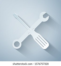 Paper cut Spanner and screwdriver tools icon isolated on grey background. Service tool symbol. Paper art style. Vector Illustration